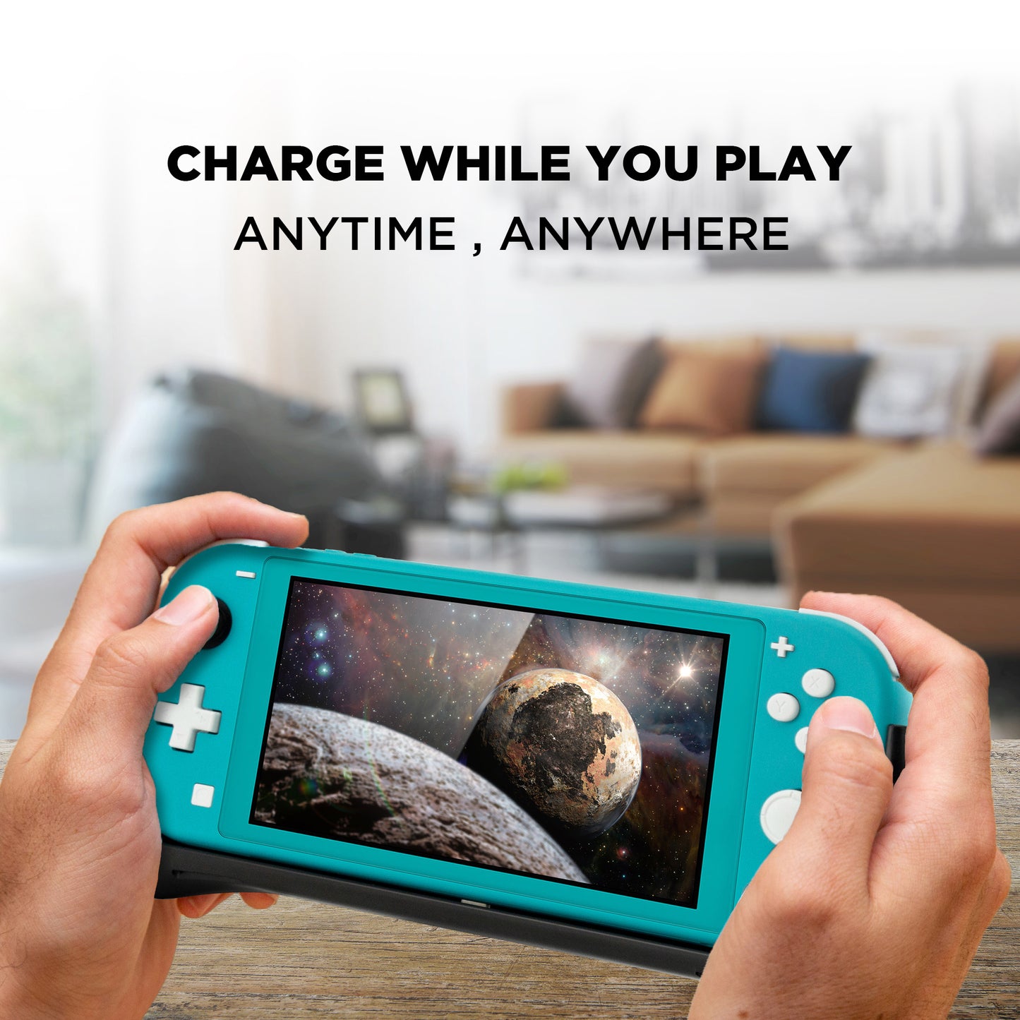 8000 MAH USB-C PD External Battery Charging Case for Nintendo Switch Lite with Built-In Kick Stand, Power Bank Travel Backup & Charger Cable