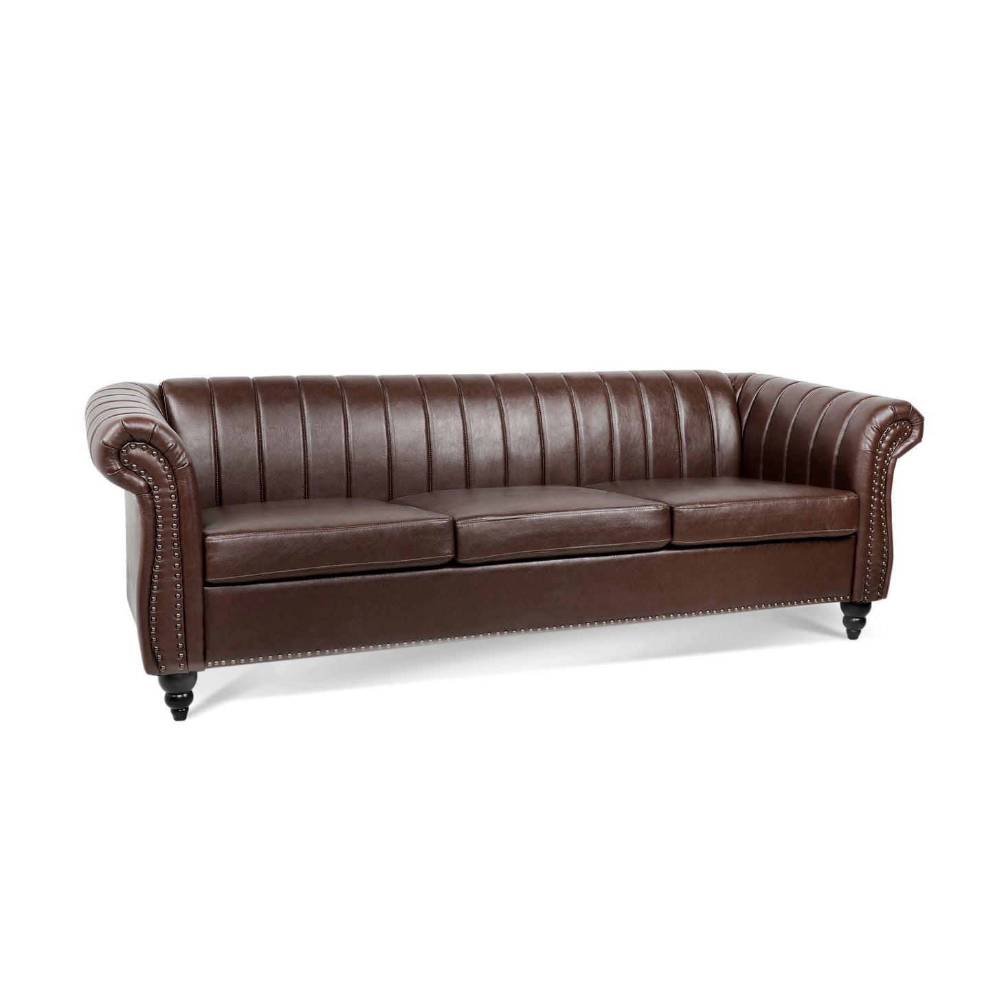 83.46'' Brown PU Rolled Arm Chesterfield Three Seater Sofa: Elegant and Spacious Upholstered Seating Solution with Classic Rolled Arms and Luxurious Brown PU Leather Finish