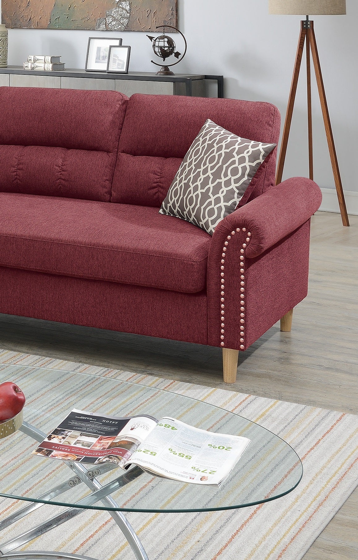 Paparika Red Polyfiber Reversible Sectional Sofa Set with Chaise, Pillows, Plush Cushion, and Nailheads - Luxurious Comfort for Your Living Space
