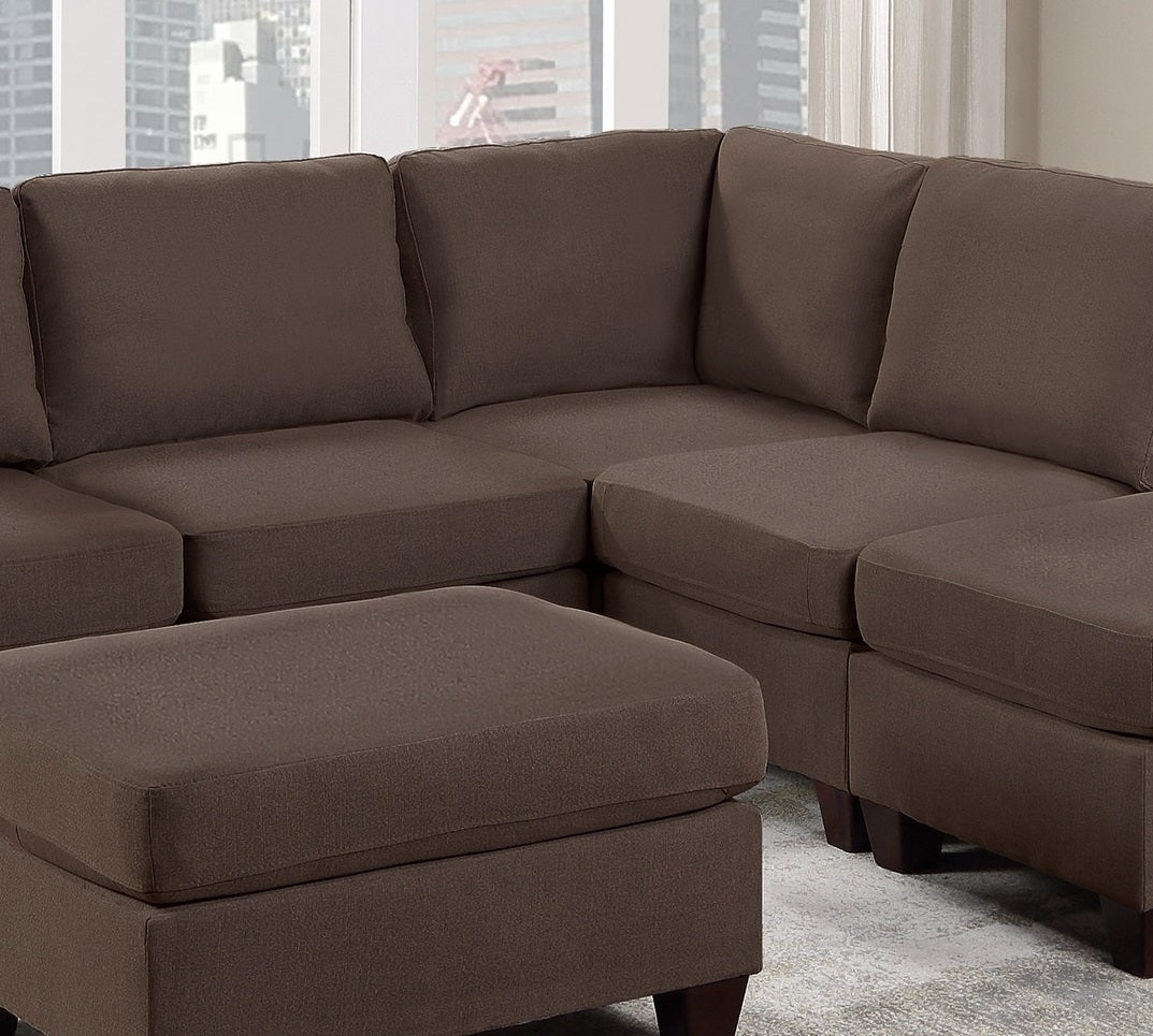Modular Sectional 6pc Set Living Room Furniture - L-Sectional in Black Coffee Linen Like Fabric - 2 Corner Wedge, 2 Armless Chairs, and 2 Ottomans