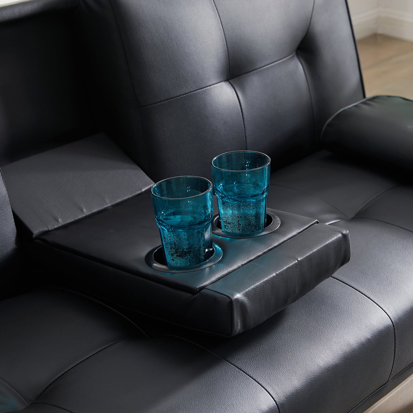 Black Faux Leather Loveseat Sofa Bed with Cup Holders - Convertible Folding Sleeper Couch Bed, Space-Saving Design - Comfortable, Durable, and Stylish - Perfect for Small Spaces - Includes Cup Holders - Black Color - Compact Size