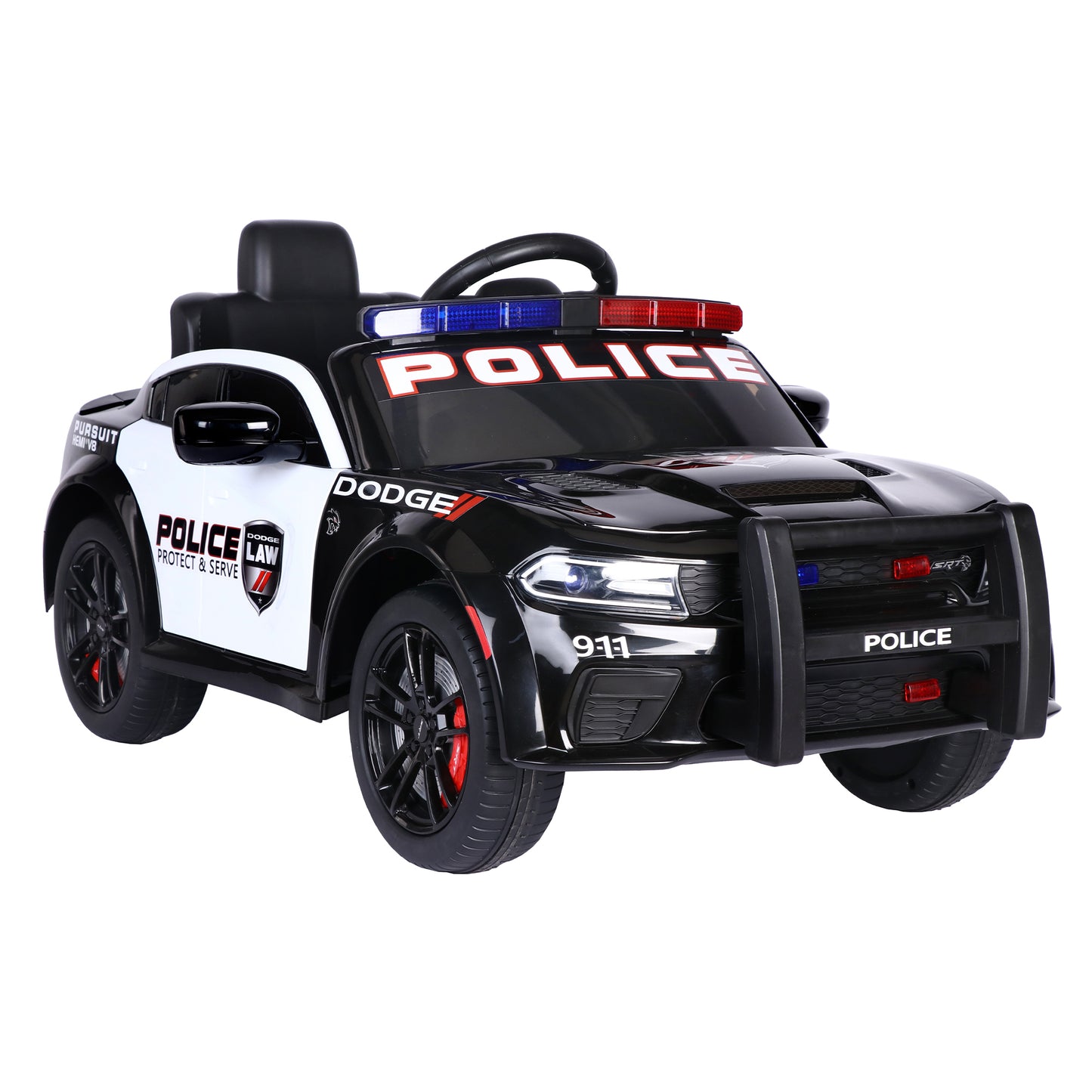 12V Licensed Dodge Charger Kids Ride On Police Car | Remote Control, Adjustable Speeds, Power Display | USB, MP3, Bluetooth, LED Lights | Four-Wheel Suspension, Slow Start | Black