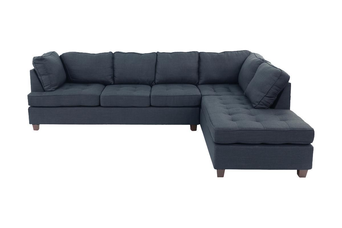 2pc Reversible Chaise Dark Blue Dorris Fabric Sectional Sofa Set: Living Room Furniture Couch
