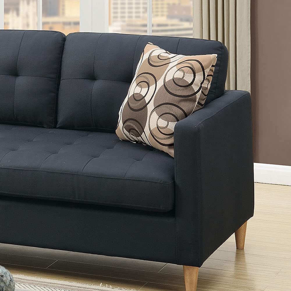 Black Polyfiber Sectional Sofa Living Room Furniture with Reversible Chaise, Pillows, Tufted Back, and Modular Design