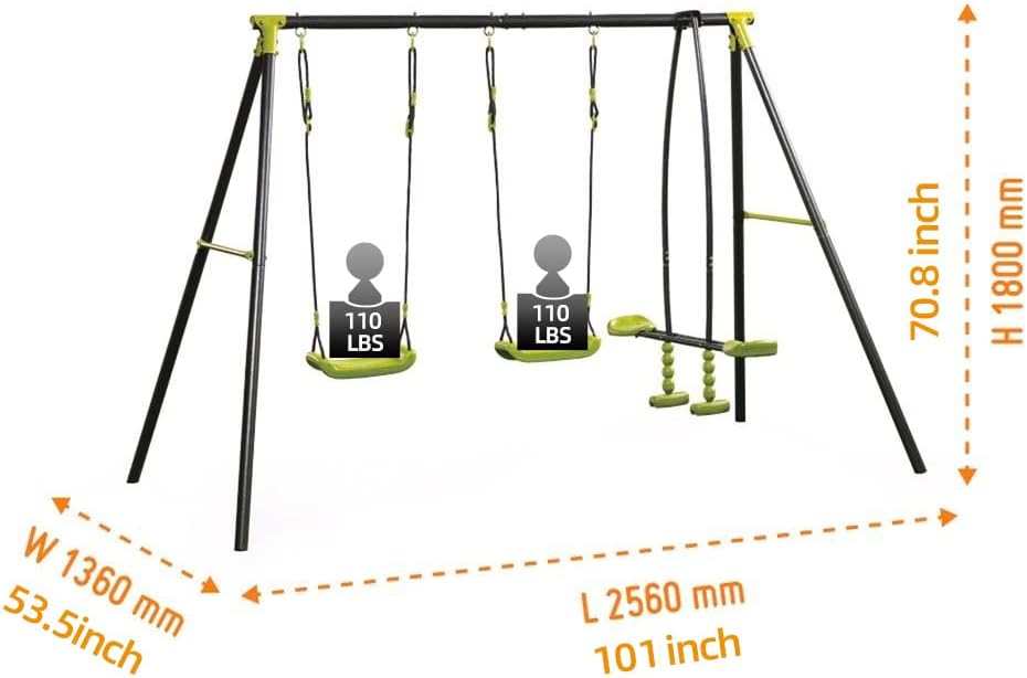 Triple Children Metal Safe Swing Set 440lbs for Outdoor Playground - Black/Green, 3 Seats, Age 3+.