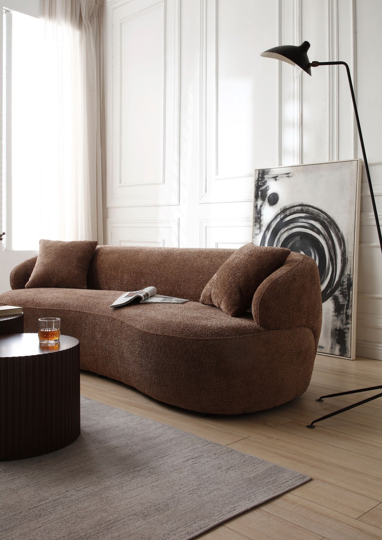 Mid Century Modern Curved Sofa, 3 Seat Cloud Boucle Fabric Couch for Living Room, Bedroom, Office - Brown