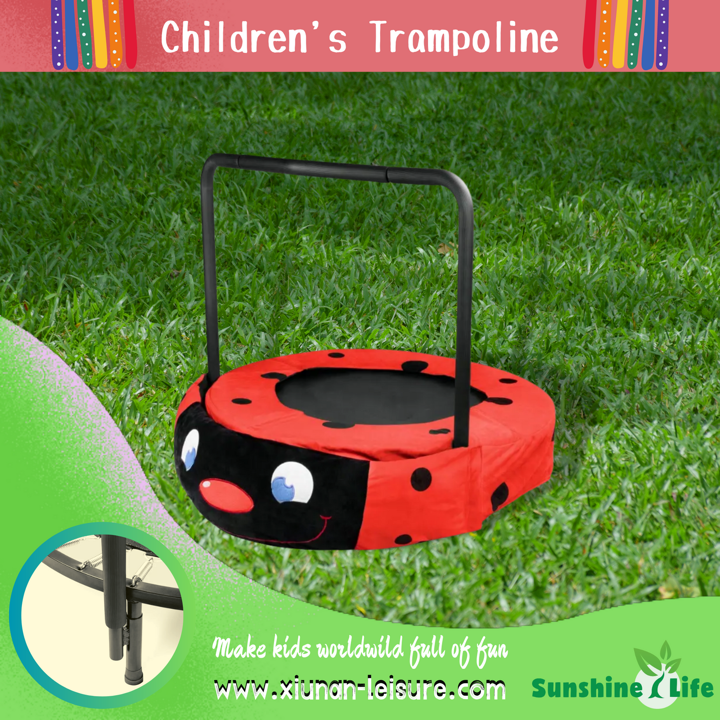 Assembled Children's Trampoline: Happy Expression, Ladybug Design, Foldable Iron Tube - Ideal for Kids Age 3-7 (Outdoor/Indoor, Black/Red)