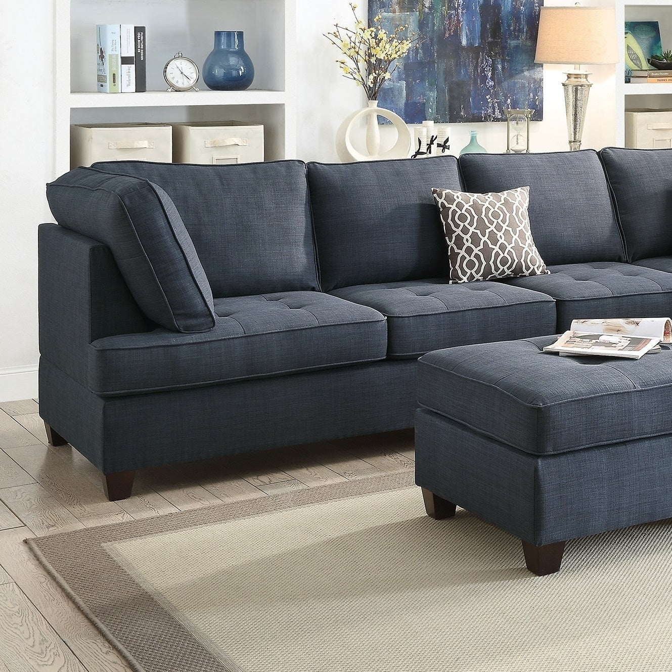 2pc Reversible Chaise Dark Blue Dorris Fabric Sectional Sofa Set: Living Room Furniture Couch