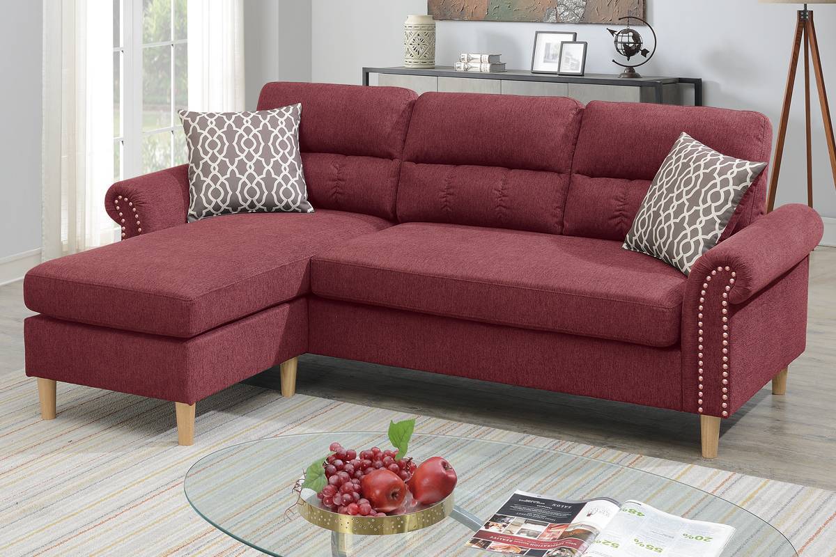 Paparika Red Polyfiber Reversible Sectional Sofa Set with Chaise, Pillows, Plush Cushion, and Nailheads - Luxurious Comfort for Your Living Space
