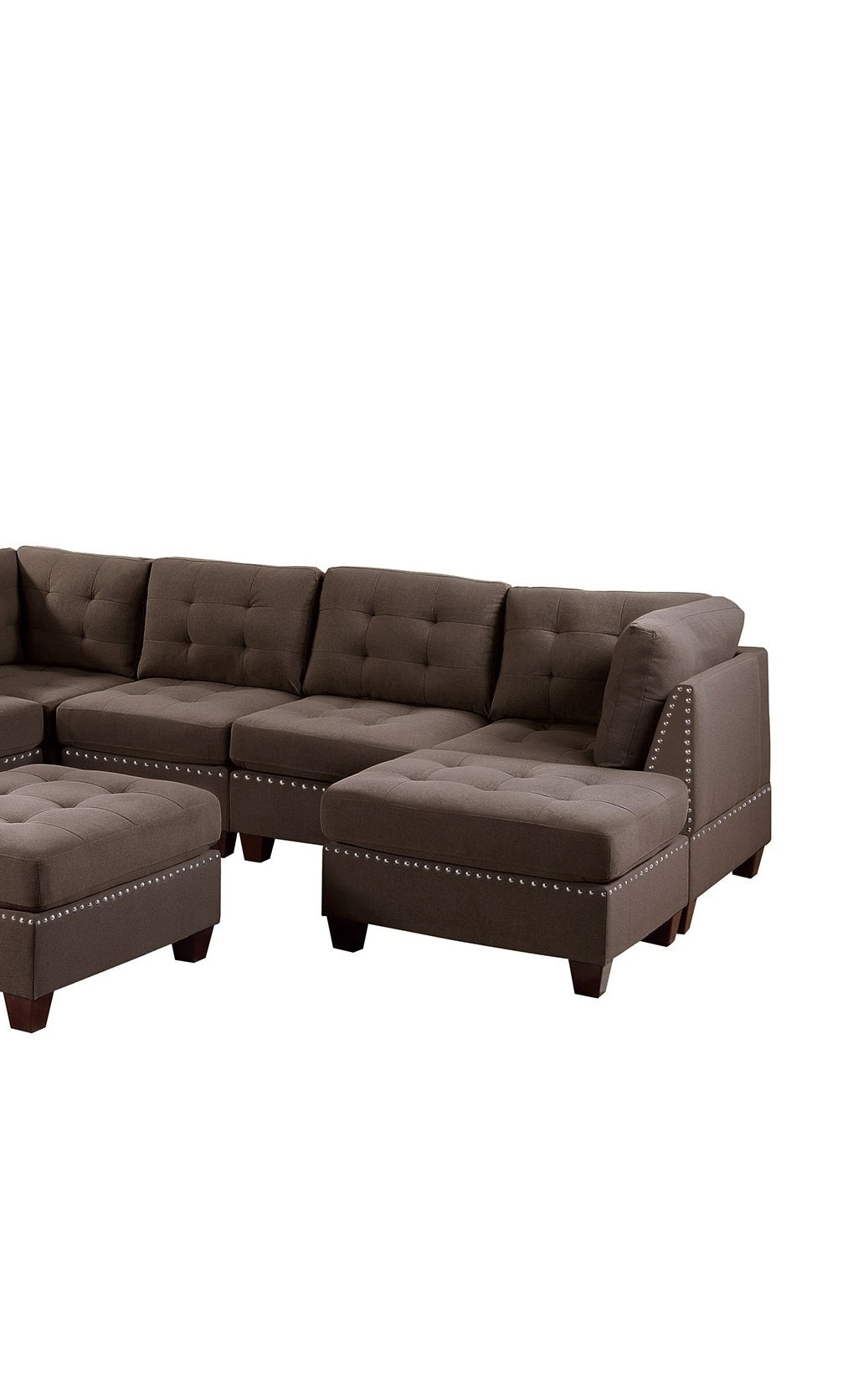 Contemporary Modular Sectional 8pc Set Living Room Furniture - Black Coffee Linen Like Fabric, Tufted Nail heads, Corner L-Sectional with 3x Corner Wedge, 3x Armless Chair, and 2x Ottoman