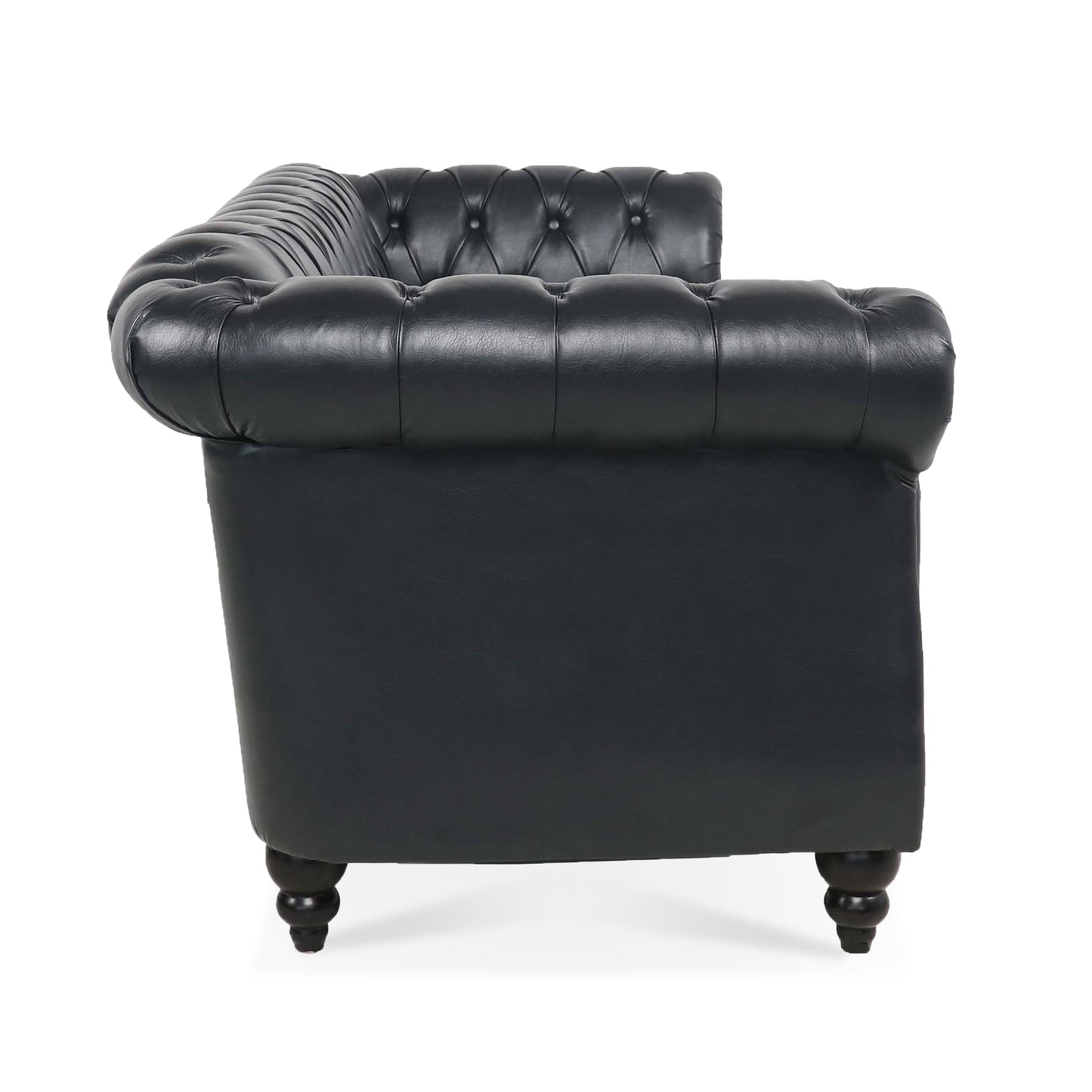 84.65" Three-Seater Sofa with Rolled Arm and Black PU Upholstery: Chesterfield Design