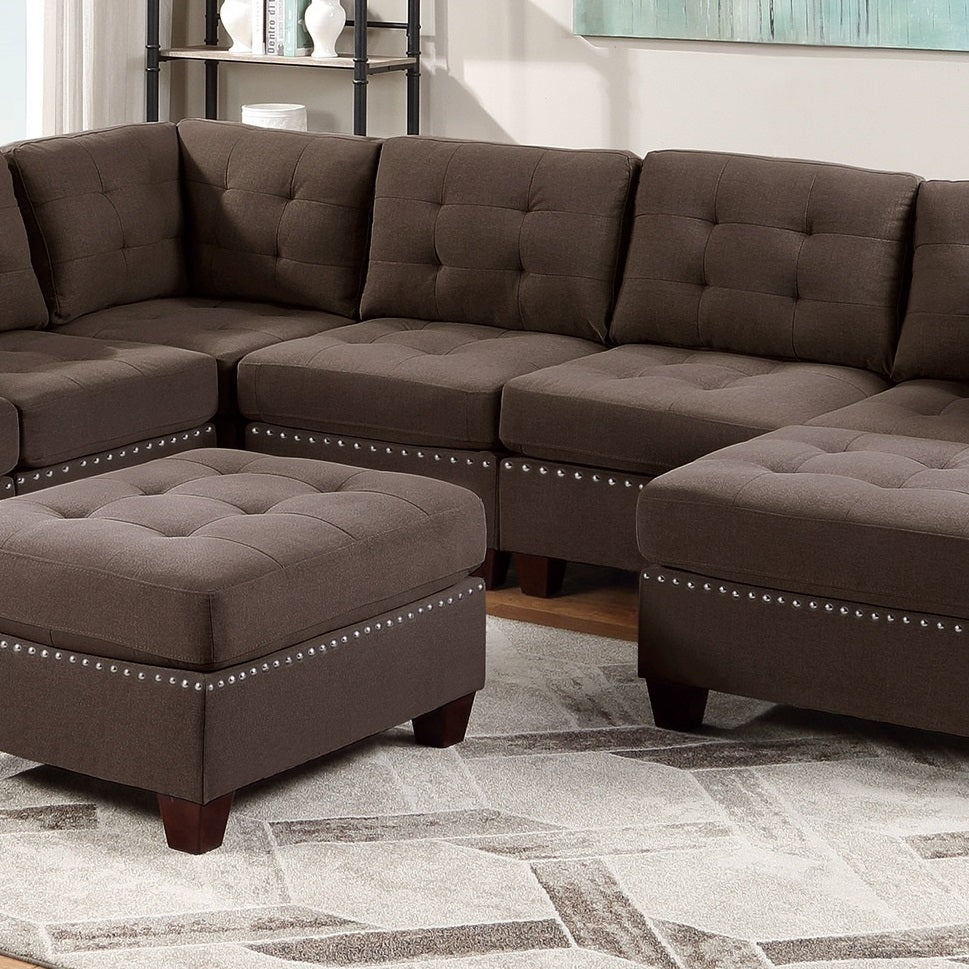 Contemporary Modular Sectional 8pc Set Living Room Furniture - Black Coffee Linen Like Fabric, Tufted Nail heads, Corner L-Sectional with 3x Corner Wedge, 3x Armless Chair, and 2x Ottoman