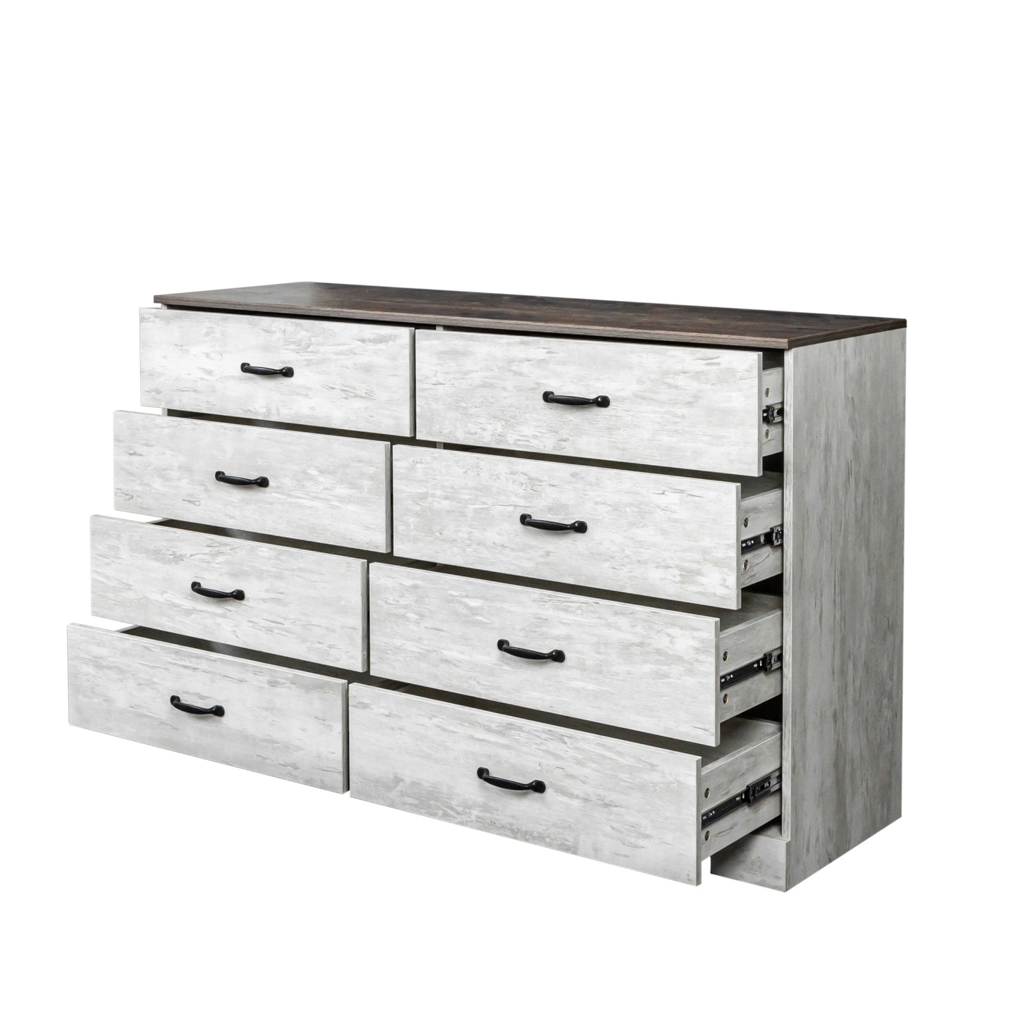 Modern white grey wood side cabinet with 8 drawers, 8 drawer white grey wood grain drawer cabinet , large storage space for Living Room Bedroom