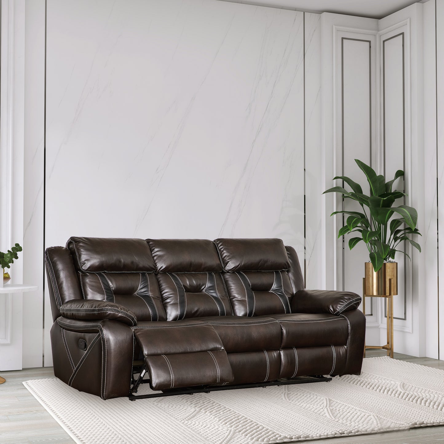 Reclining Upholstered Manual Puller in Faux Leather: Brown, 85.83"x38.58"x40.16"