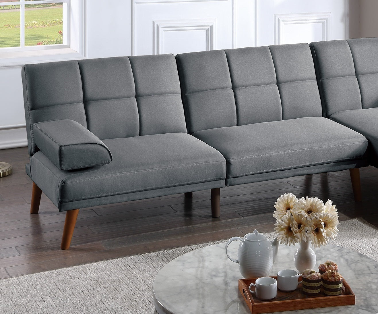 Blue Grey Polyfiber 2pc Sectional Sofa Set: Solid Wood Legs, Tufted Couch, Adjustable Sofa Chaise
