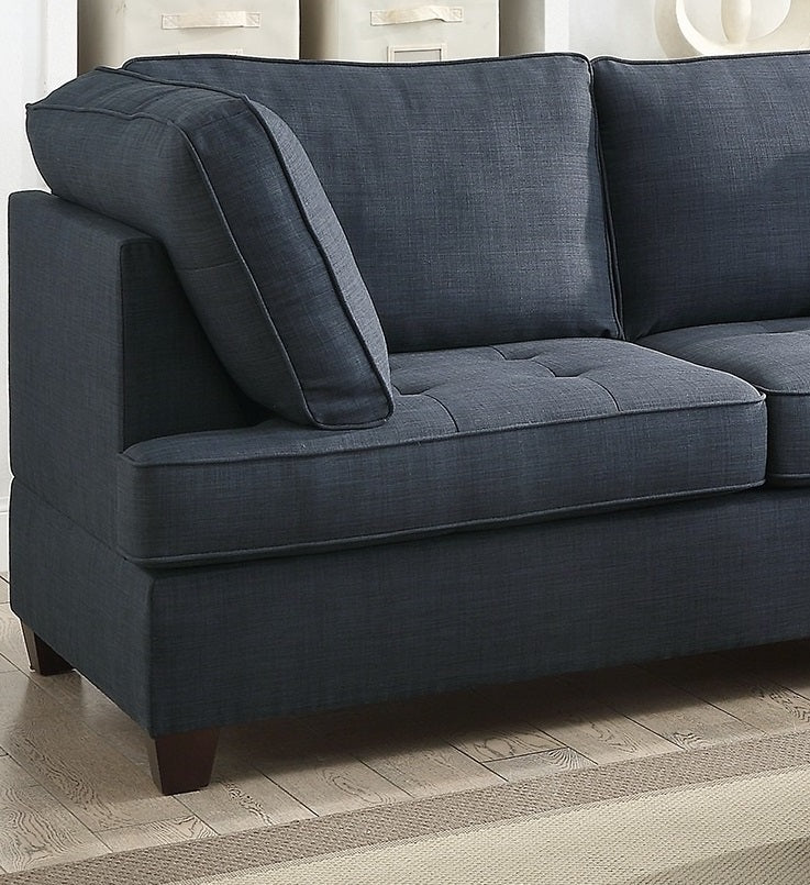 2pc Reversible Chaise Dark Blue Dorris Fabric Sectional Sofa Set: Living Room Furniture Couch