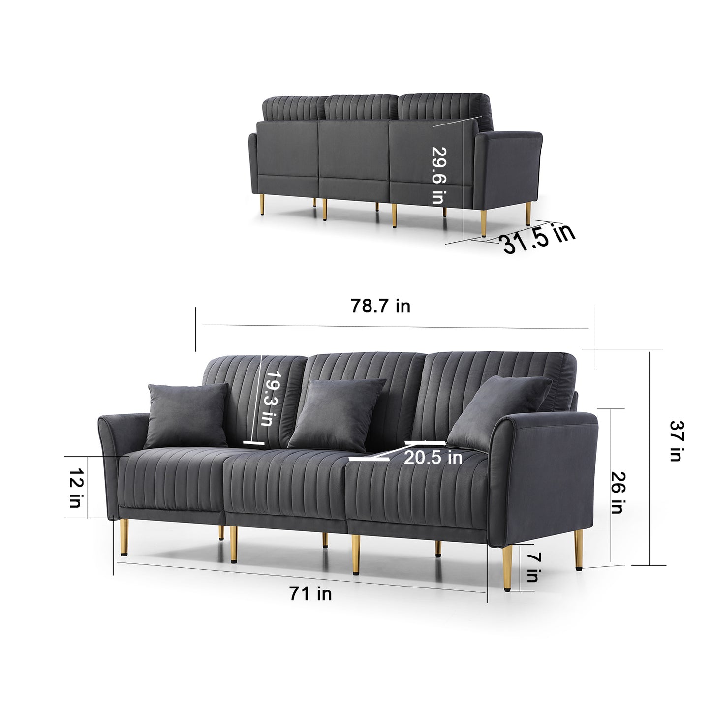 3 Pcs Sofa Loveseat Couch Set | 3 Piece Living Room Set | 1 Three Seat Sofa & 2 Loveseat Sofas | 7 Throw Pillows | Grey Velvet
