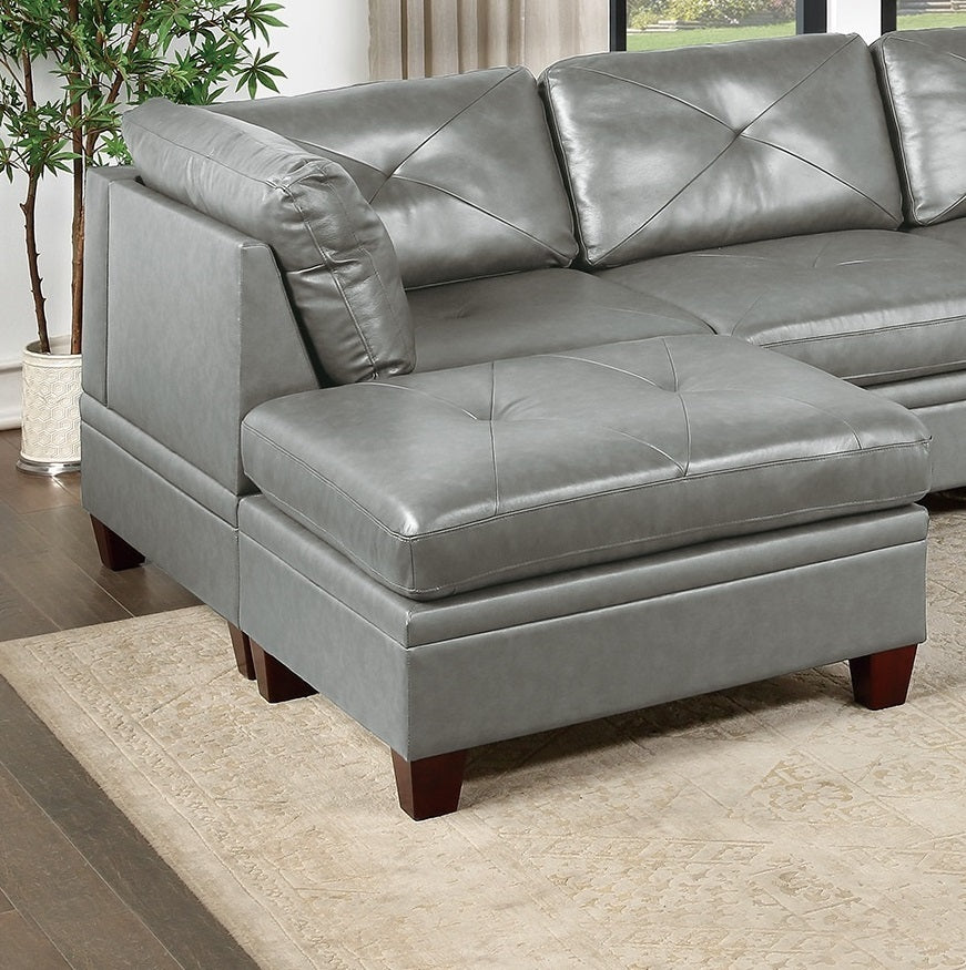 Genuine Leather Sectional Sofa Chair Ottomans 6pc Set - Grey Tufted Couch, Living Room Furniture