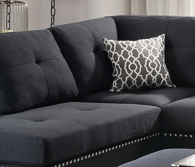 3-Pcs Black Polyfiber Sectional Sofa with Reversible Chaise & Ottoman - Cushion Sofa, Pillows Included