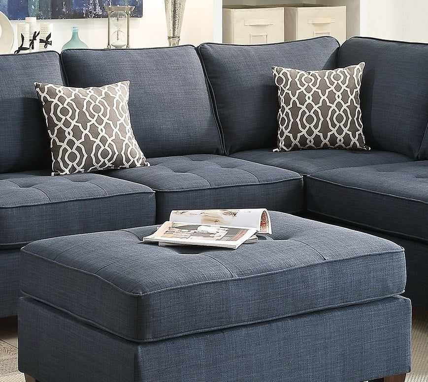 2pc Reversible Chaise Dark Blue Dorris Fabric Sectional Sofa Set: Living Room Furniture Couch