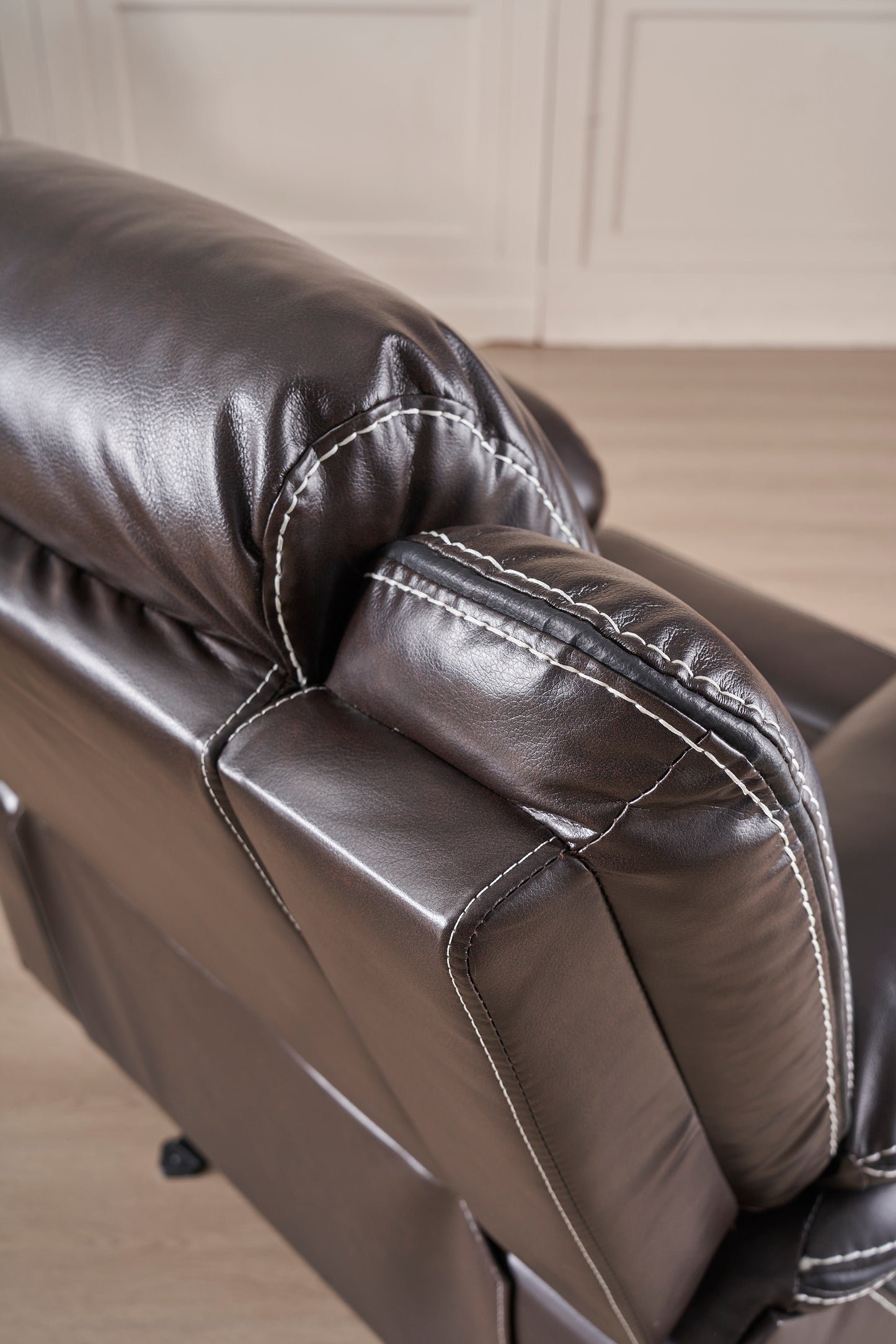 Reclining Upholstered Manual Puller in Faux Leather: Brown, 85.83"x38.58"x40.16"