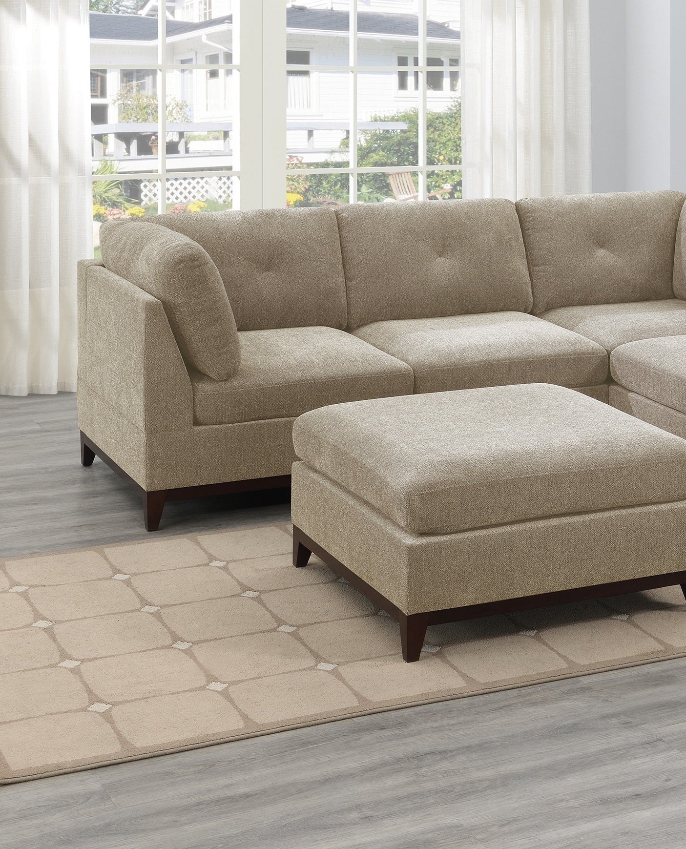 Camel Chenille Fabric Modular Sectional 6pc Set: L-Sectional Couch, Corner Wedge, Armless Chairs, Ottomans, Tufted Back, Wooden Base