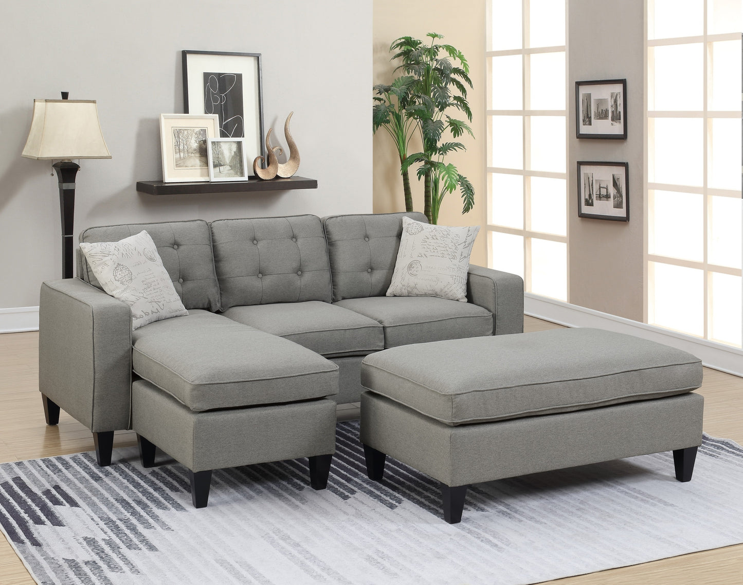 Reversible 3pc Sectional Sofa Set with Light Grey Tufted Polyfiber, Wood Legs, Chaise, Ottoman, Pillows, and Cushion Couch
