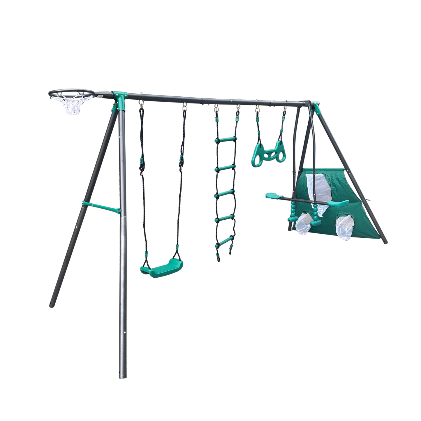 Blackish Green Four Function Swingset with Metal Plastic Swing Seat - 550lbs, Outdoor Playground for Age 3+