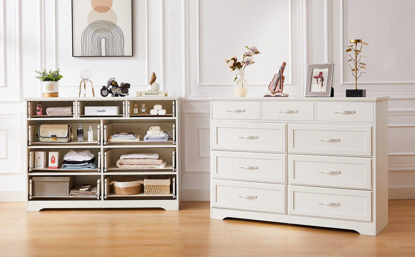 9 Drawer Long Dresser with Antique Handles Wood Chest of Drawers