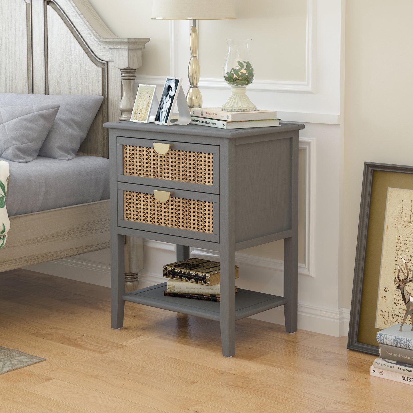 2 Drawer Side Table Nightstand Natural Rattan End Table for Bedroom