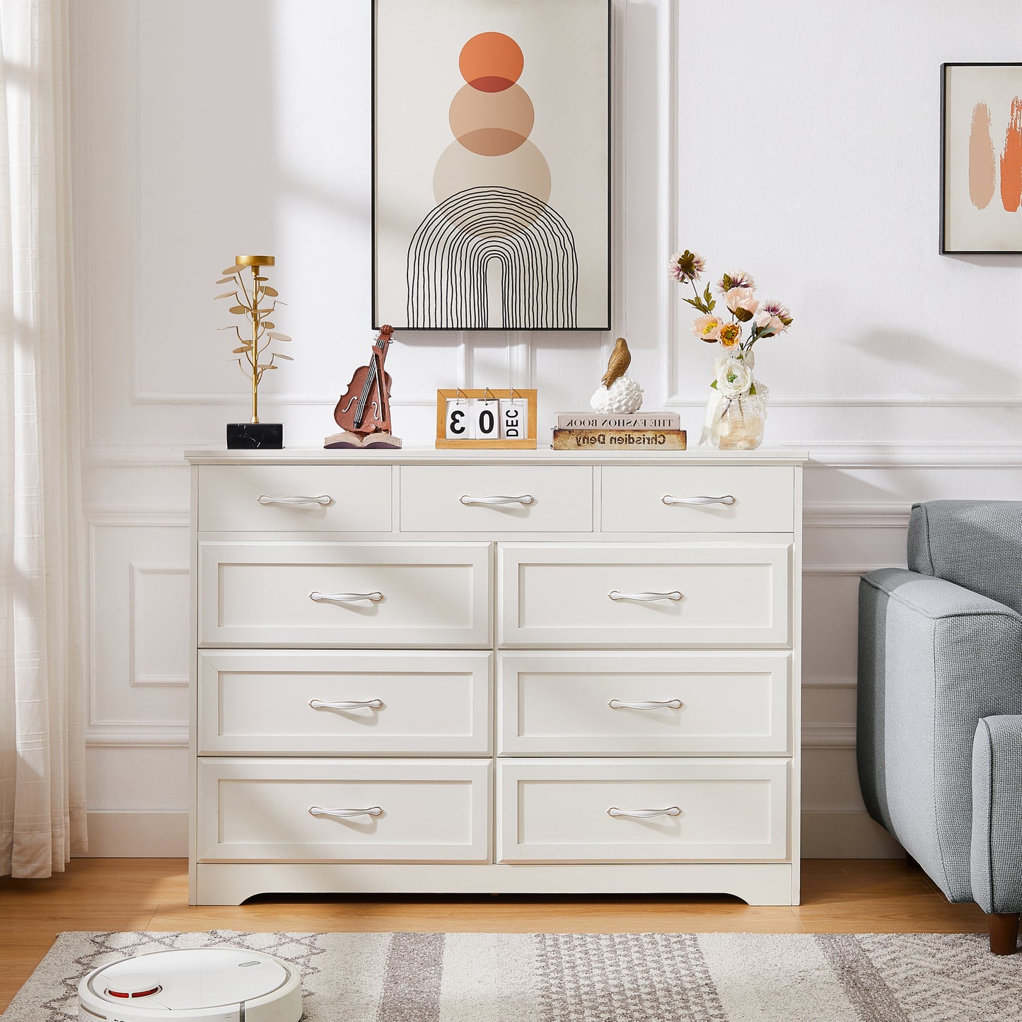 9 Drawer Long Dresser with Antique Handles Wood Chest of Drawers