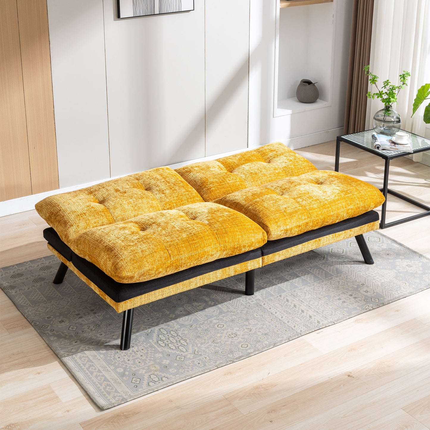 Convertible Sofa Bed Loveseat Futon Bed Adjustable Lounge Couch with Metal Legs, Breathable Chenille-Yellow. Perfect for Compact Living Spaces.