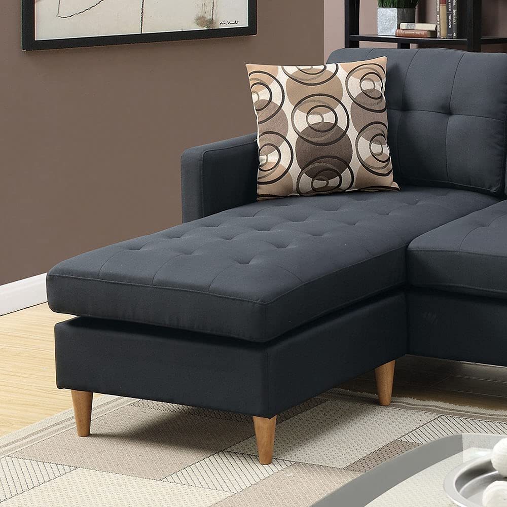Black Polyfiber Sectional Sofa Living Room Furniture with Reversible Chaise, Pillows, Tufted Back, and Modular Design