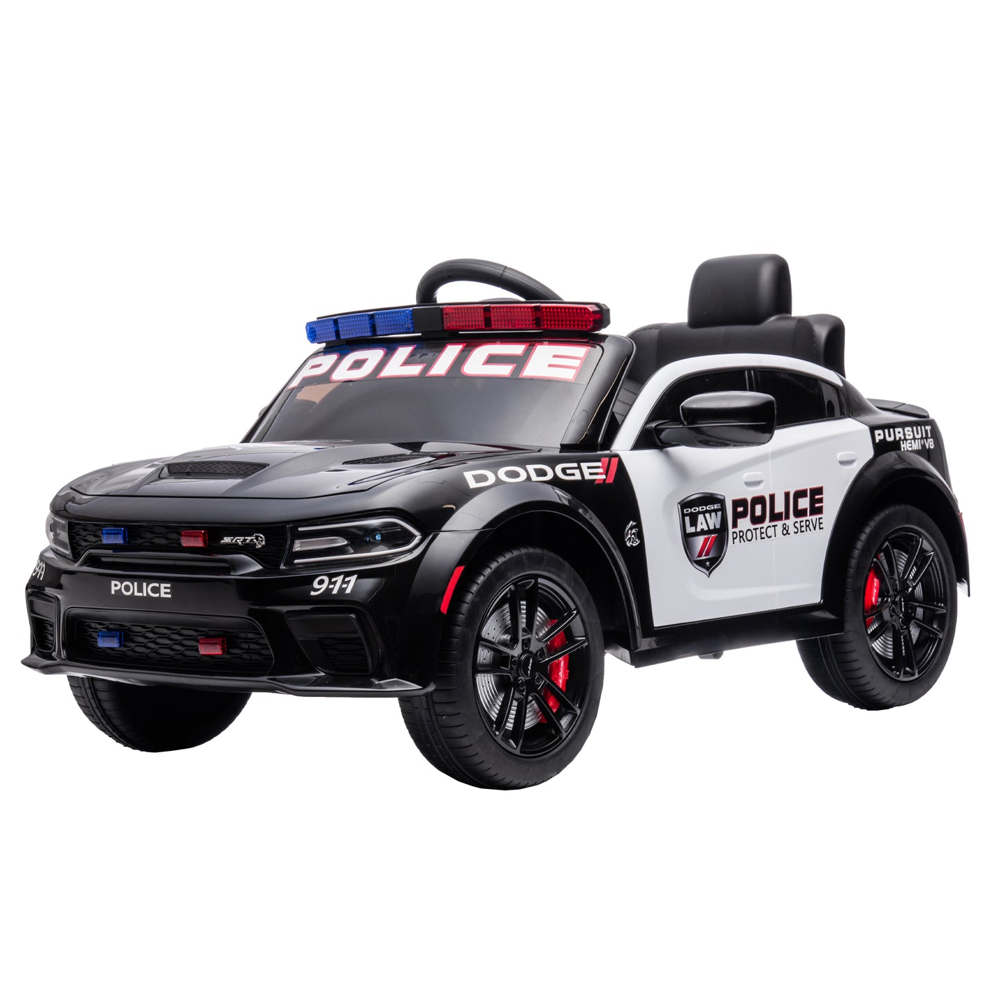 12V Licensed Dodge Charger Kids Ride On Police Car | Remote Control, Adjustable Speeds, Power Display | USB, MP3, Bluetooth, LED Lights | Four-Wheel Suspension, Slow Start | Black