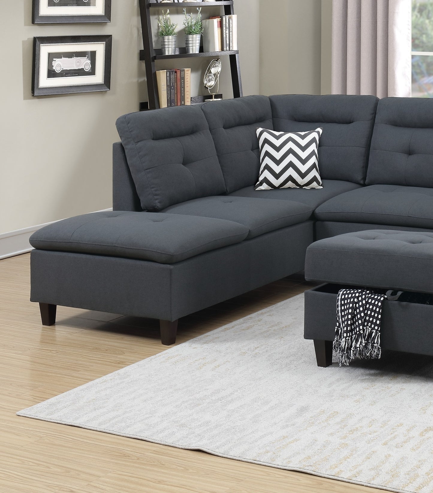 Living Room Furniture Charcoal Cushion Sectional with Ottoman - Linen Like Fabric Sofa Chaise