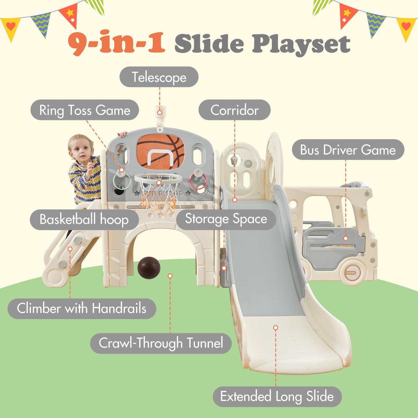 Kids Slide Playset Structure 9 in 1: Freestanding Castle Climbing Crawling Playhouse with Slide, Arch Tunnel, Ring Toss, Bus Model, Basketball Hoop & Toy Storage Organizer for Toddlers