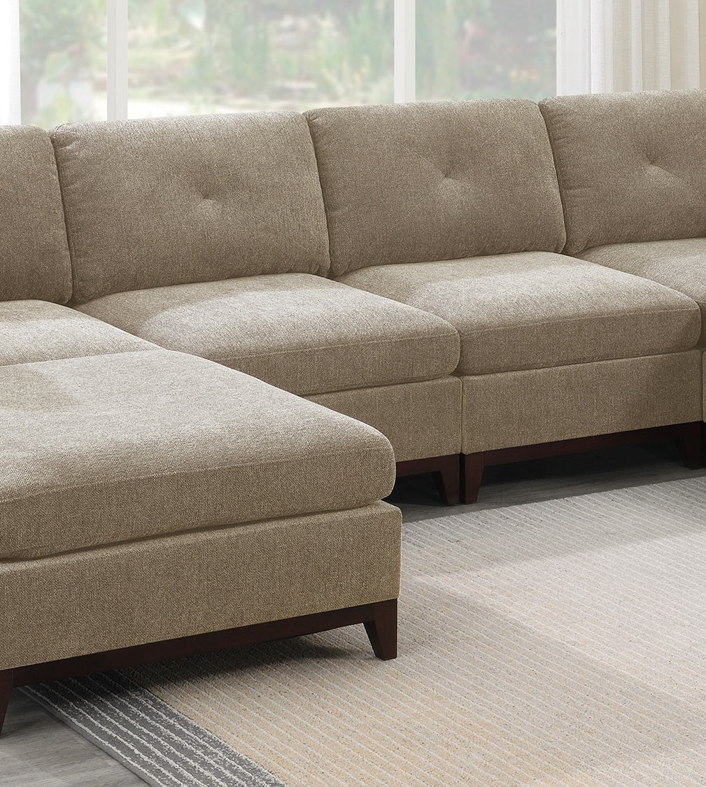 Camel Chenille Fabric Modular Sectional 6pc Set: U-Sectional Couch, Tufted Back, Exposed Wooden Base - Corner Wedge, Armless Chairs, Ottomans (Size/Color)