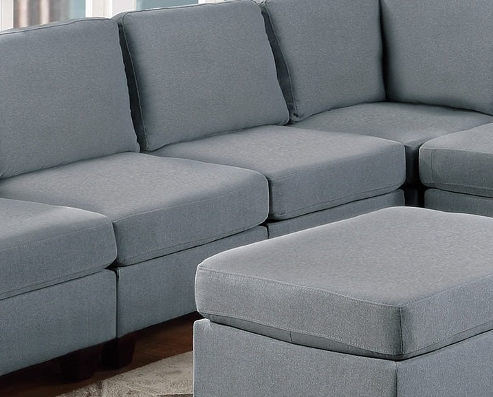 Modular Sectional Living Room Furniture Grey Linen Like Fabric 9pc Set: 3x Corner Wedge, 4x Armless Chairs, 2x Ottomans