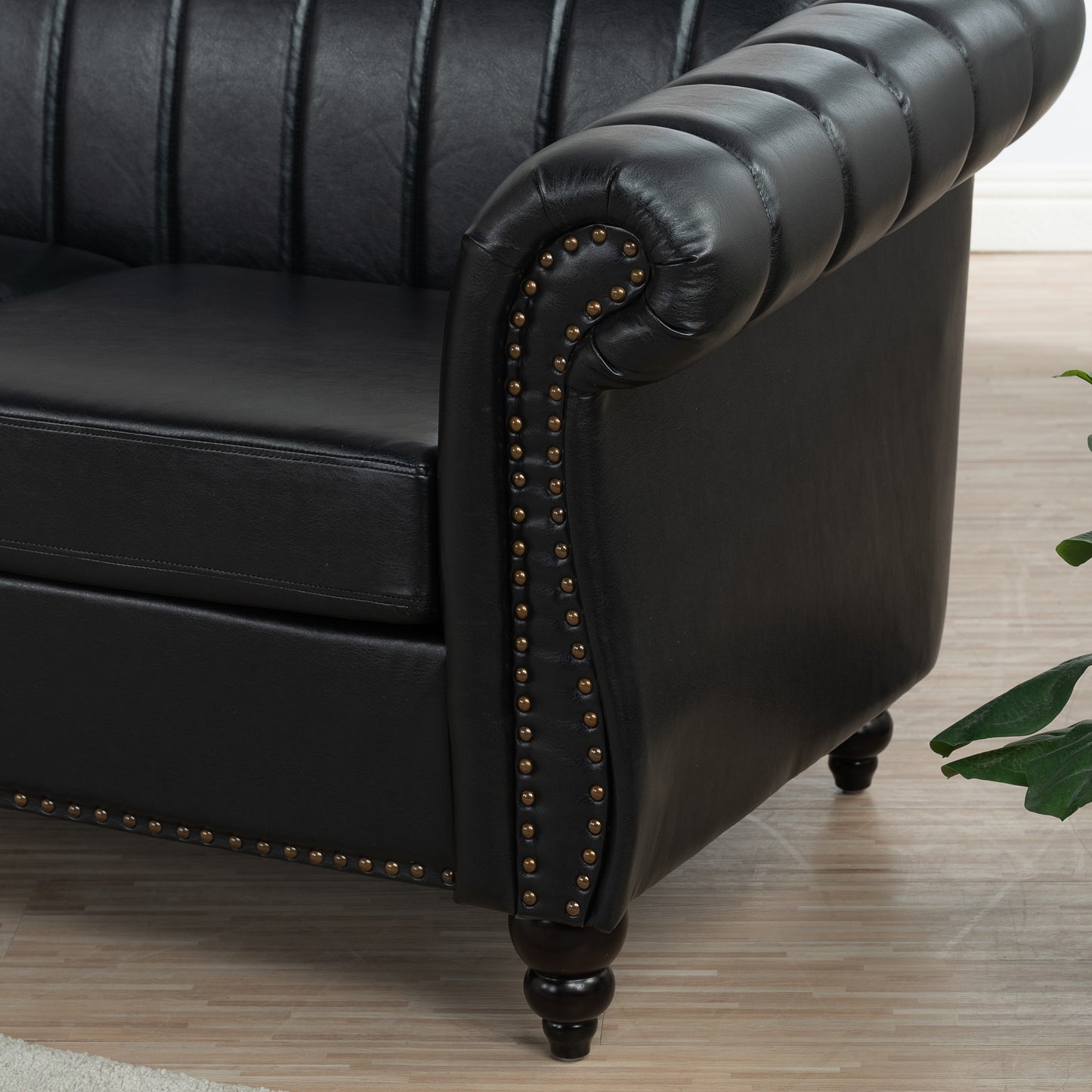 83.46'' Black PU Rolled Arm Chesterfield Three Seater Sofa: Elegant, Comfortable, and Spacious
