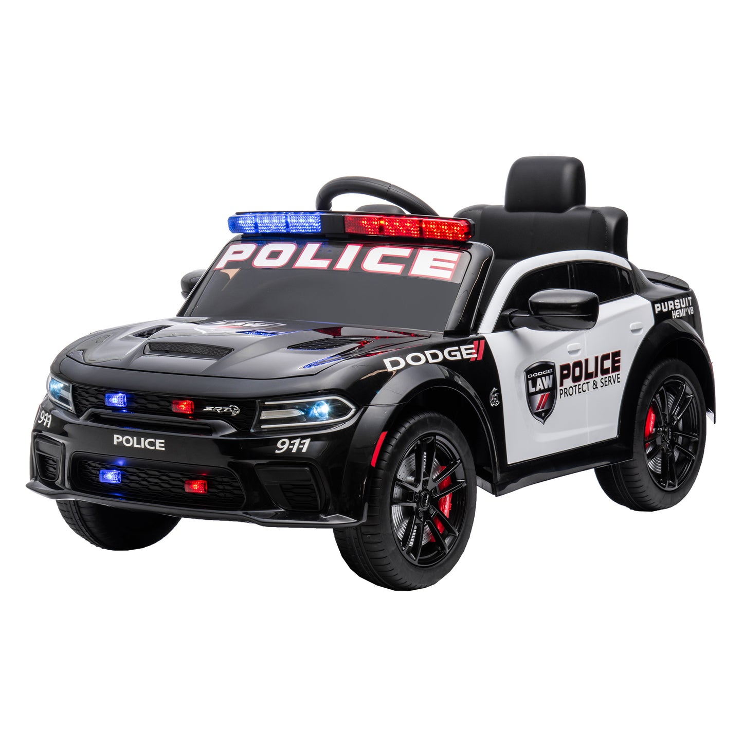12V Licensed Dodge Charger Kids Ride On Police Car | Remote Control, Adjustable Speeds, Power Display | USB, MP3, Bluetooth, LED Lights | Four-Wheel Suspension, Slow Start | Black