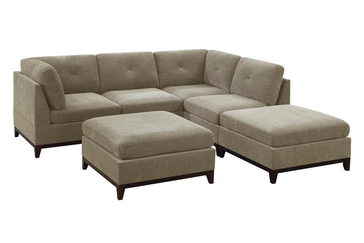 Camel Chenille Fabric Modular Sectional 6pc Set: L-Sectional Couch, Corner Wedge, Armless Chairs, Ottomans, Tufted Back, Wooden Base