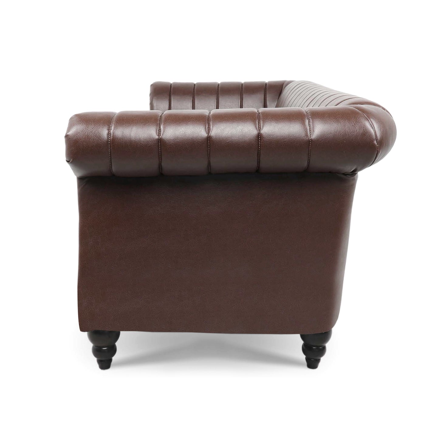 83.46'' Brown PU Rolled Arm Chesterfield Three Seater Sofa: Elegant and Spacious Upholstered Seating Solution with Classic Rolled Arms and Luxurious Brown PU Leather Finish