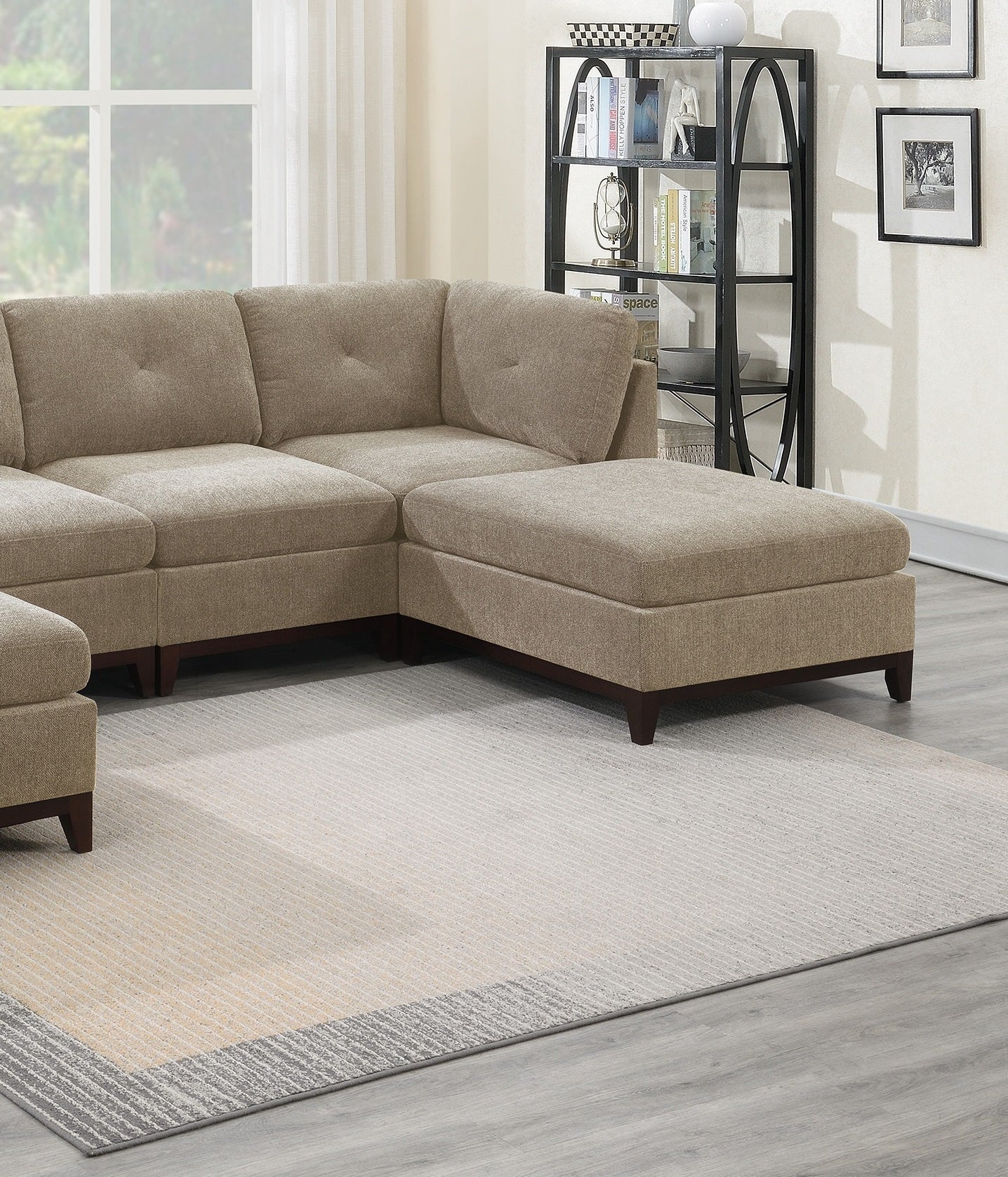 Camel Chenille Fabric Modular Sectional 6pc Set: U-Sectional Couch, Tufted Back, Exposed Wooden Base - Corner Wedge, Armless Chairs, Ottomans (Size/Color)