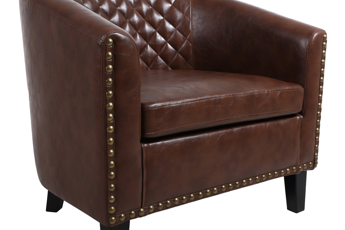 Accent Barrel Chair with Nailheads and Solid Wood Legs - Brown PU Leather - COOLMORE Living Room Chair