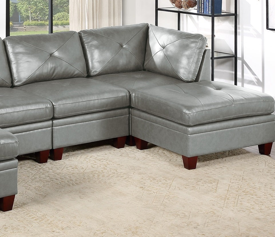 Genuine Leather Sectional Sofa Chair Ottomans 6pc Set - Grey Tufted Couch, Living Room Furniture