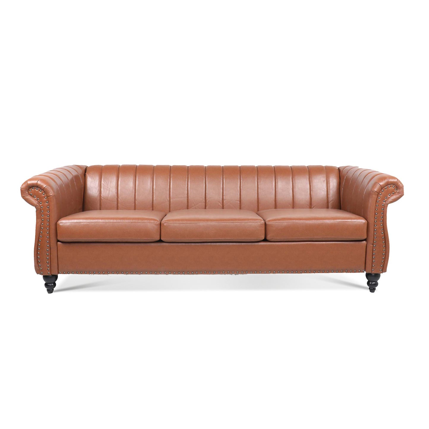 83.46" Brown PU Rolled Arm Chesterfield 3-Seater Sofa: Elegant and Spacious