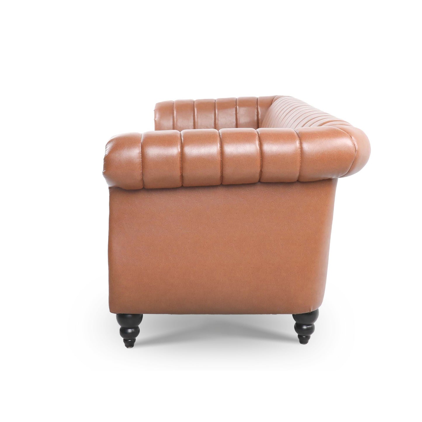 83.46" Brown PU Rolled Arm Chesterfield 3-Seater Sofa: Elegant and Spacious