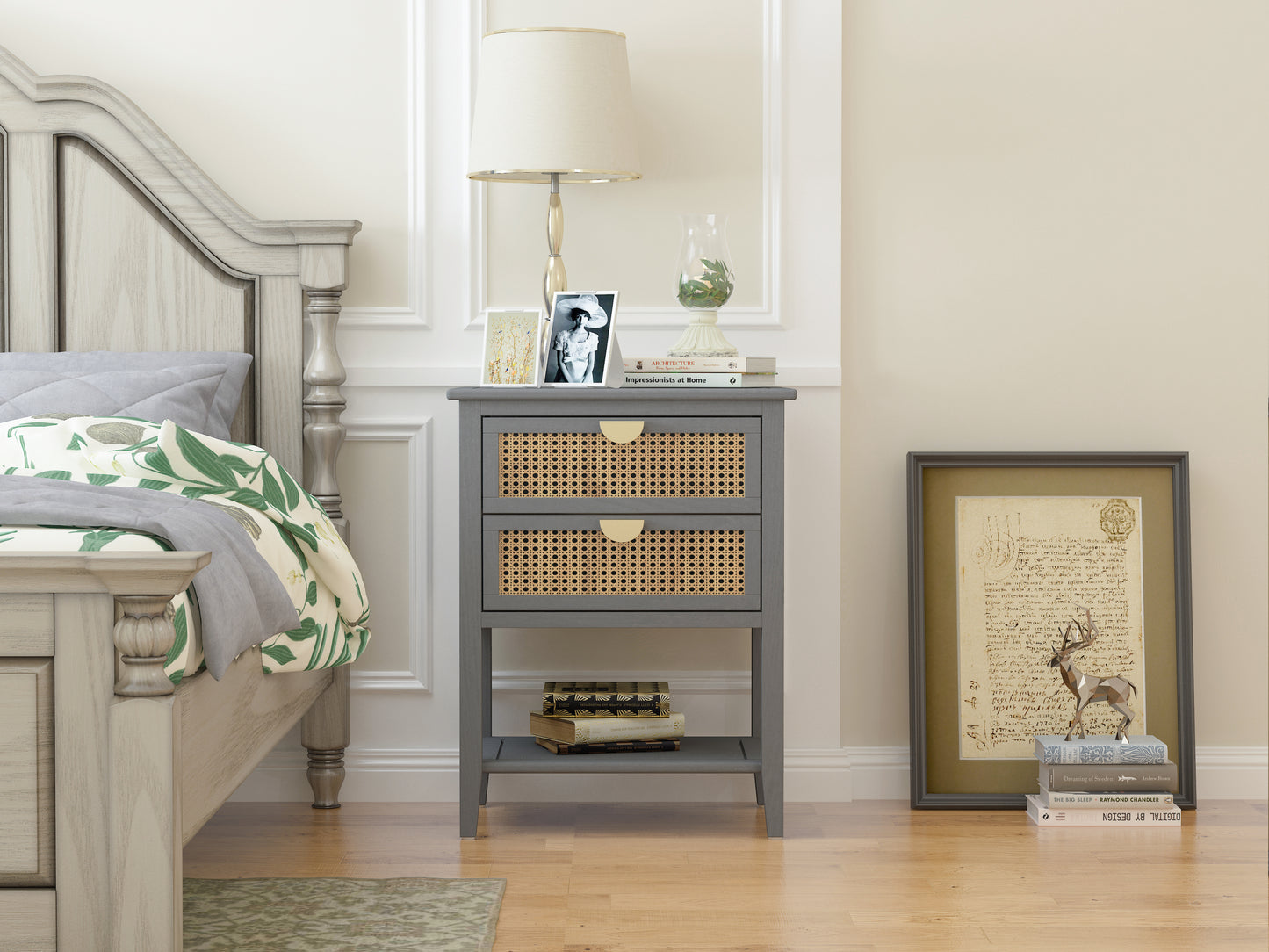 2 Drawer Side Table Nightstand Natural Rattan End Table for Bedroom