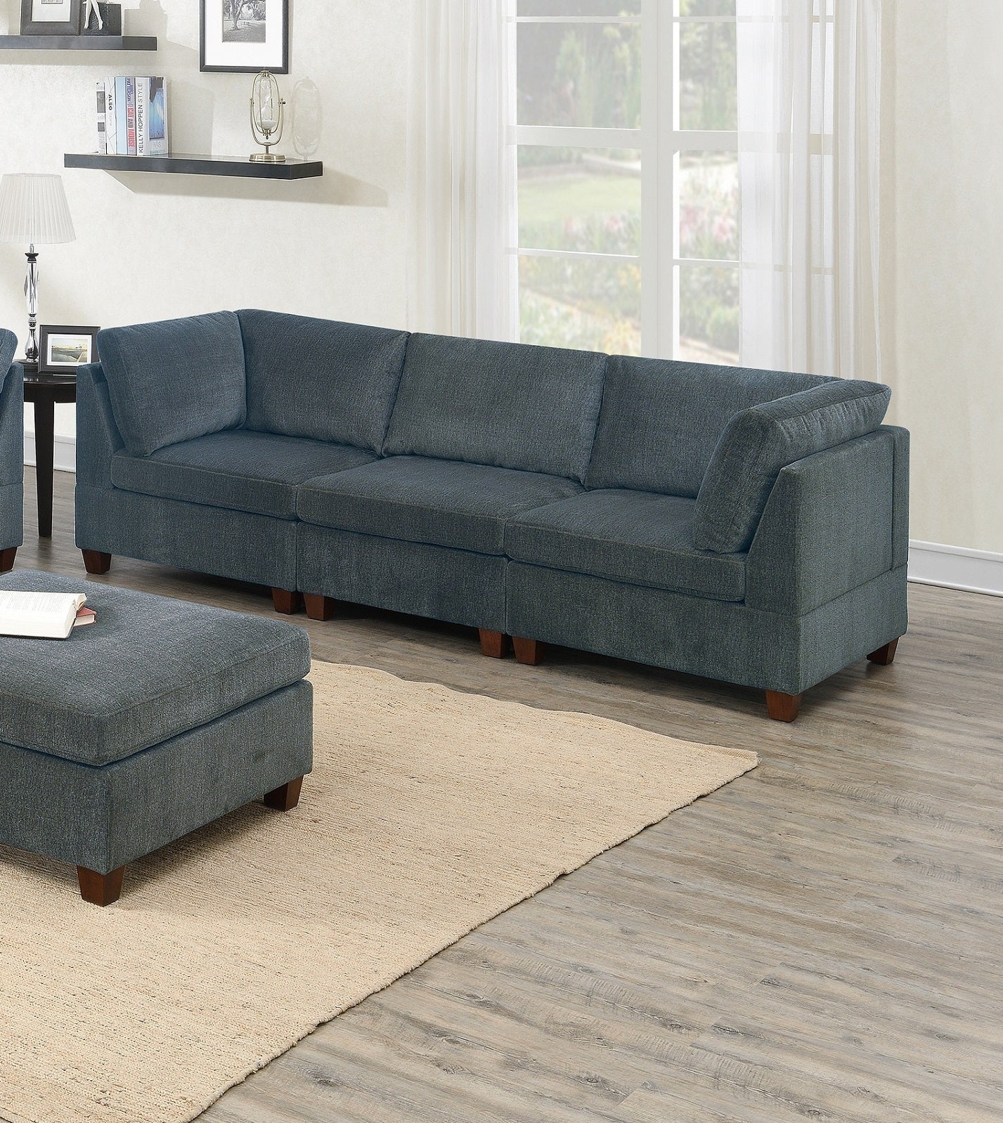 Living Room Furniture: Grey Modular Sofa Set, 8pc Large Family Couch, Modern, 4x Corner Wedge, 3x Armless Chairs, 1x Ottoman Plywood