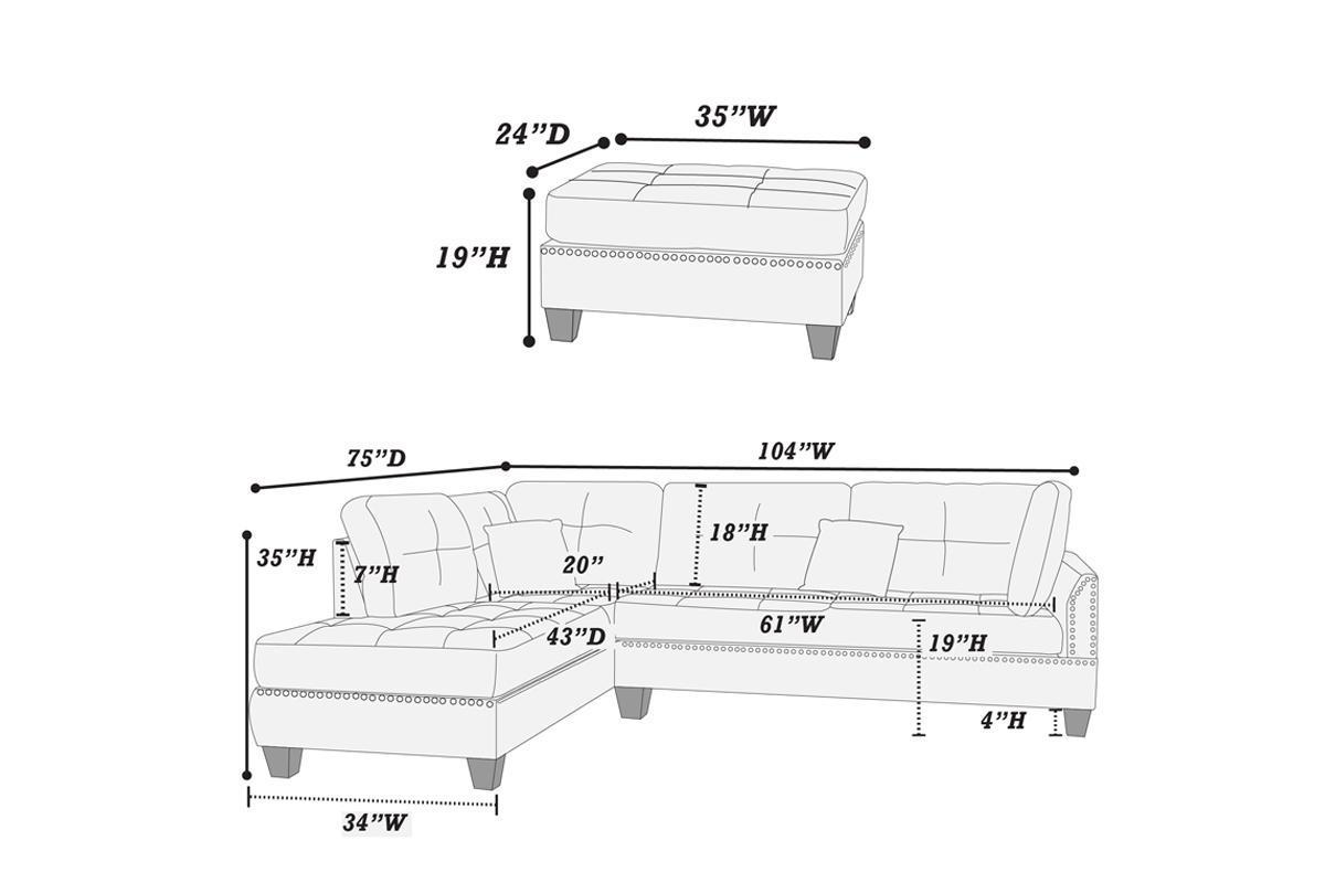 3-Pcs Black Polyfiber Sectional Sofa with Reversible Chaise & Ottoman - Cushion Sofa, Pillows Included